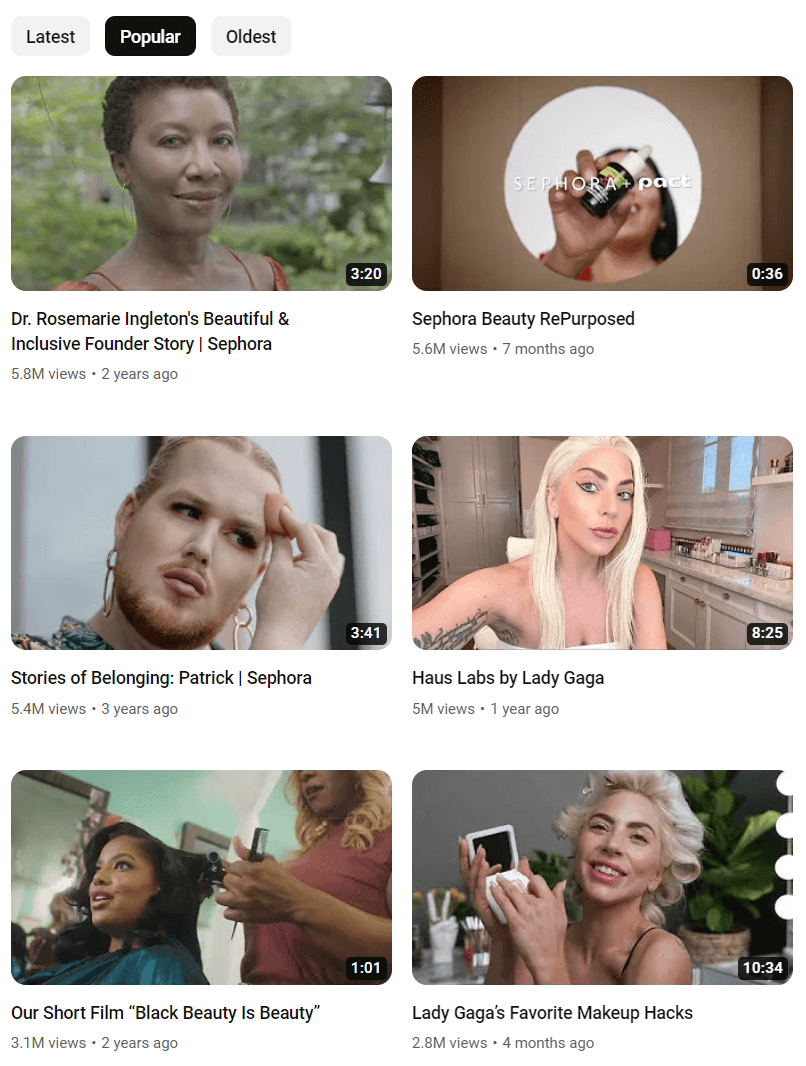 Popularne filmy YouTube na kanale Sephora.