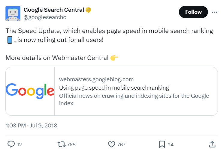 Google Search Central – informacje o Speed Update w serwisie Twitter (X)
