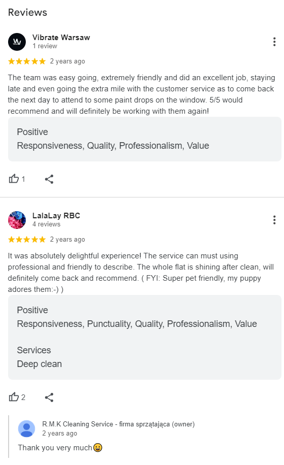 Pozytywne referencje klientów w Google na temat usług sprzątających.