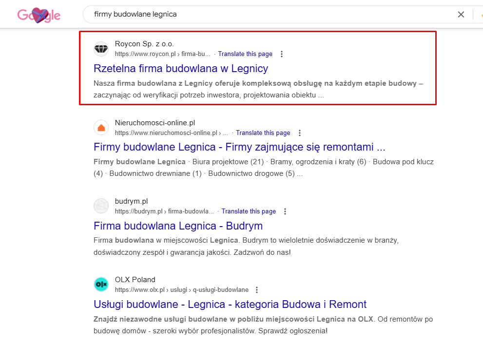 Przykład dobrze wypozycjonowanej firmy budowlanej w Legnicy.