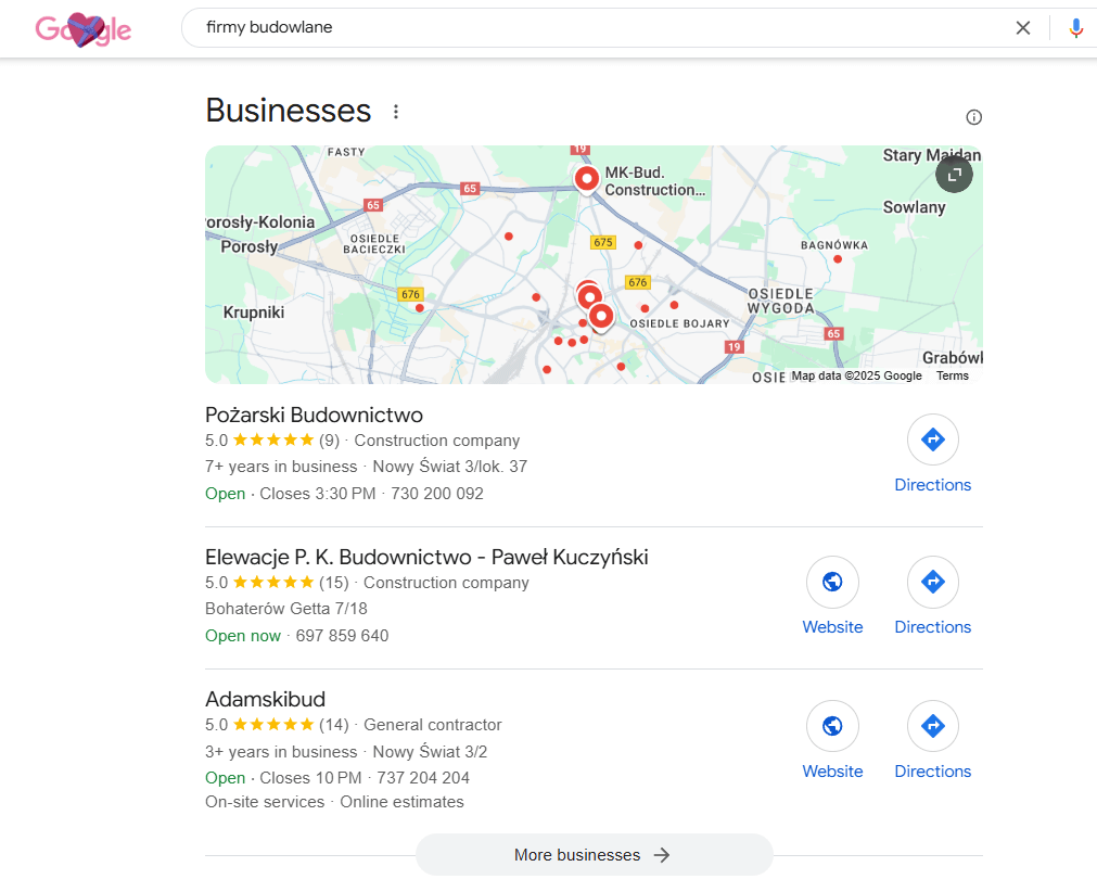 Przykładowe firmy budowlane w Google Maps.