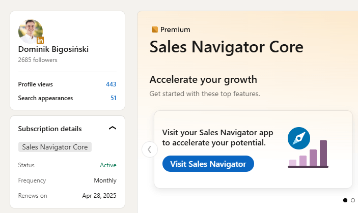 Aktywna funkcja LinkedIn Premium w wersji Sales Navigator.